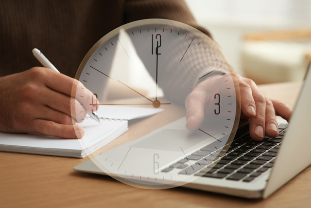 Double Exposure Man Working With Laptop Clock