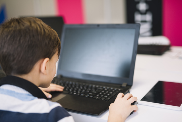 Rear View Little Boy Using Laptop Mouse