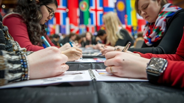 International Delegates Writing Notes With Various World Flags Background