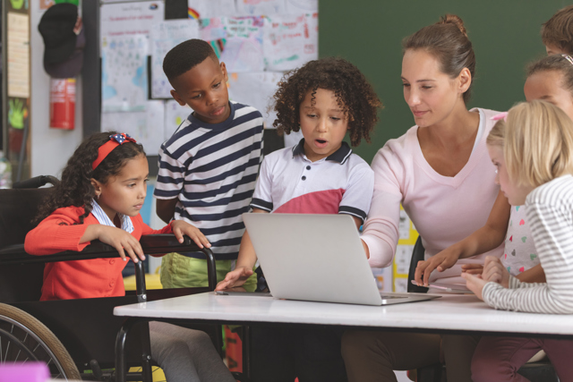 Teacher School Kids Discussing Laptop Classroom